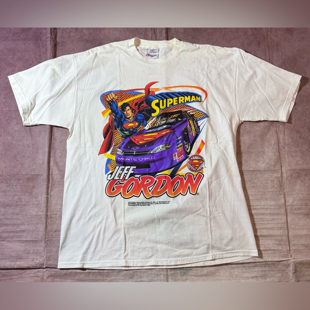 Vintage 90s Jeff Gordon Superman Shirt Mens Size XL White Nascar Racing DuPont